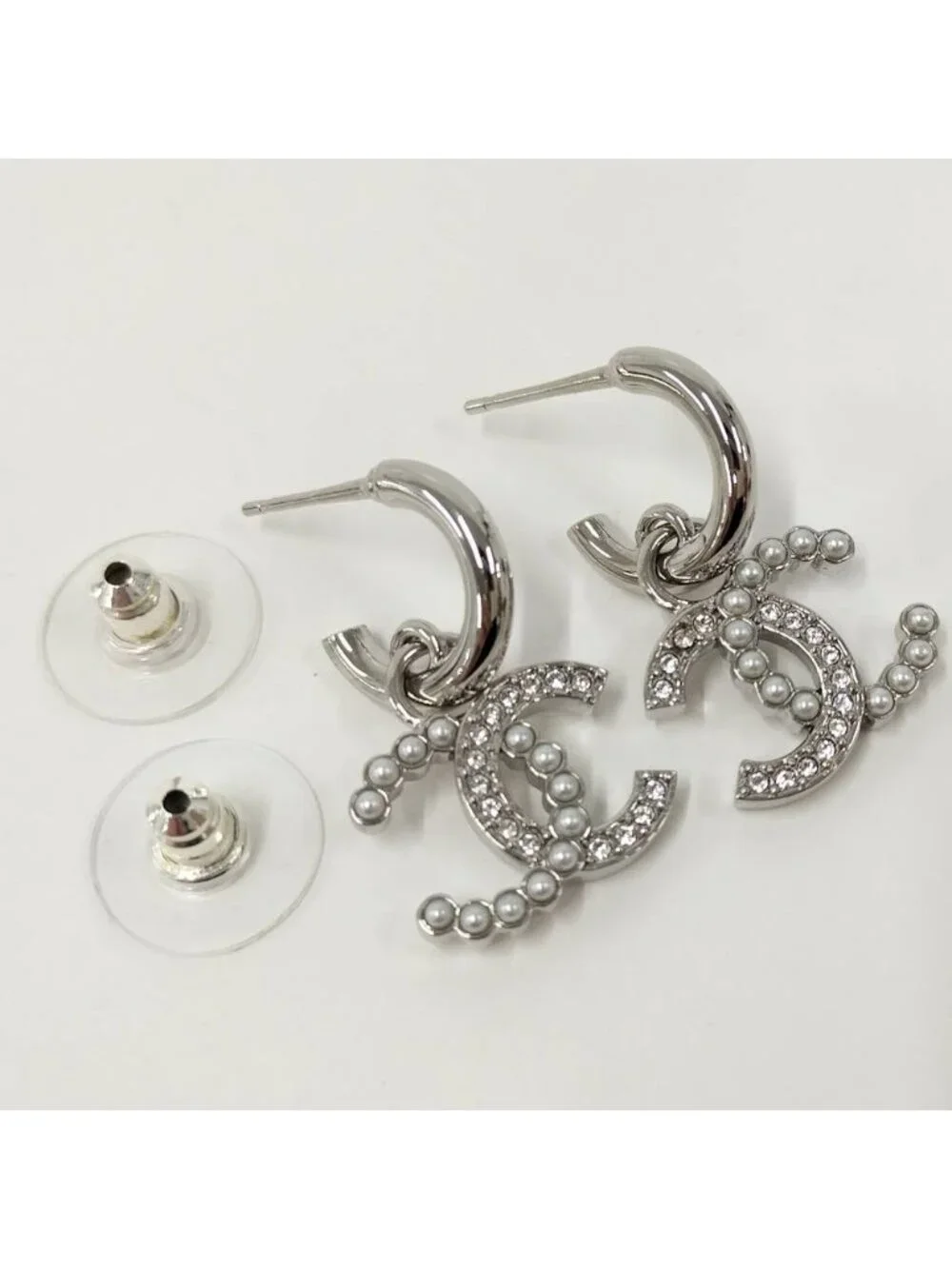 Chanel Earrings Stud Rhinestone Faux Pearl Plated Silver